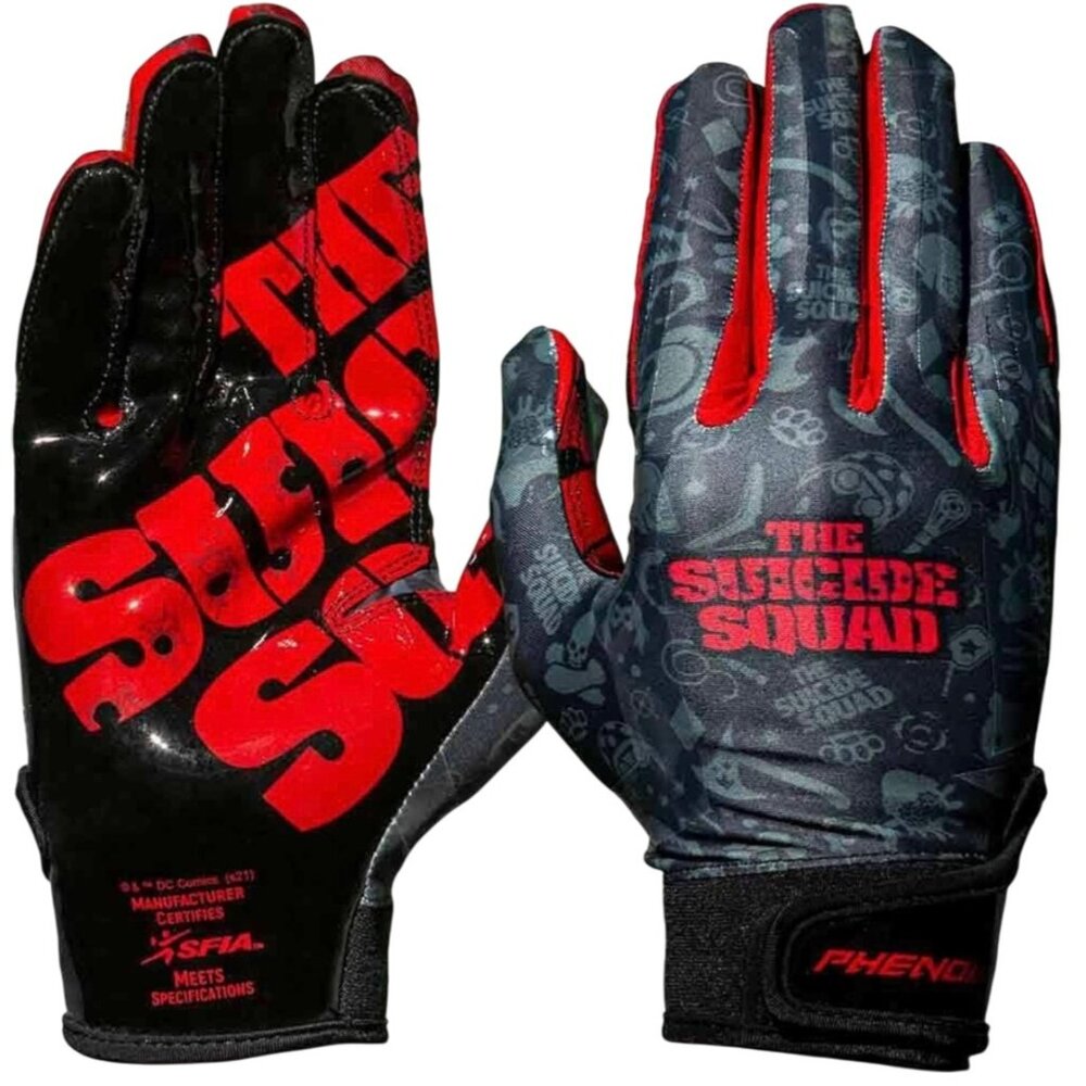 The Suicide Squad XL Football Gloves By Phenom Black/Red Adult Sports Gear